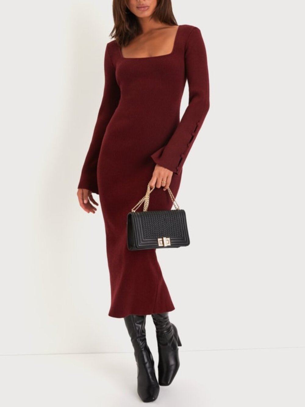 Lulus Classy Attitude Burgundy Ribbed Square Neck Midi Sweater Dress Red